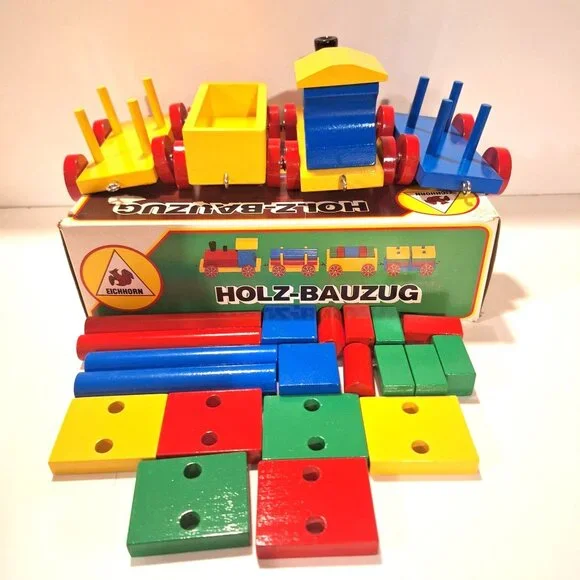 Eichhorn Holz-Bauzug Wooden Blocks Train Complete Set Original Box Vintage - Picture 9 of 12
